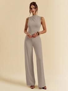 SHEIN BAE Bộ đồ liền thân ống rộng dài thêm không tay xếp nếp màu đen thanh lịch gợi cảm, đa năng cho hàng ngày, hẹn hò, đi chơi, tiệc tùng, tụ tập, bộ đồ liền thân thanh lịch bất đối xứng cho phụ nữ, trang phục đi chơi, bộ đồ liền thân ngày lễ tình nhân, bộ đồ liền thân thường ngày, bộ đồ liền thân thanh lịch - Xám - Xem 1