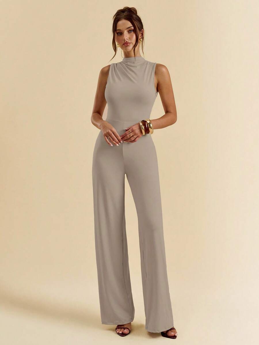 SHEIN BAE Bộ đồ liền thân ống rộng dài thêm không tay xếp nếp màu đen thanh lịch gợi cảm, đa năng cho hàng ngày, hẹn hò, đi chơi, tiệc tùng, tụ tập, bộ đồ liền thân thanh lịch bất đối xứng cho phụ nữ, trang phục đi chơi, bộ đồ liền thân ngày lễ tình nhân, bộ đồ liền thân thường ngày, bộ đồ liền thân thanh lịch - Xám - Xem 1
