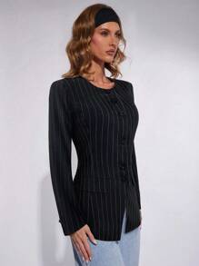 COSMINA 女士条纹圆领长袖单排扣休闲常规夹克秋冬女士细条纹西装外套