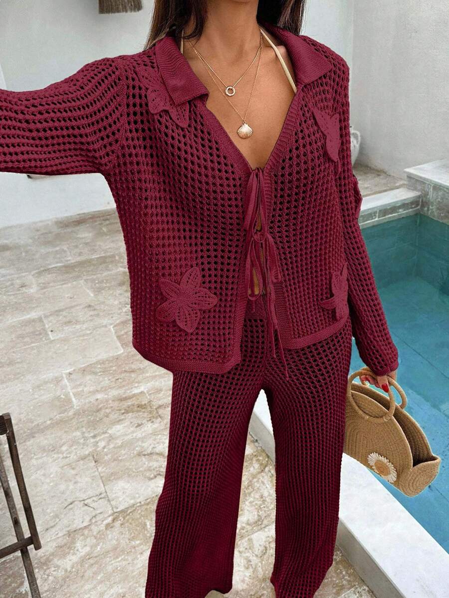 EURMUSE 女士夏季钩针海滩度假春季度假装波西米亚风纯棉白色派对太阳裙套装女式两件套沙滩装 - 酒紅色 - 查看 1