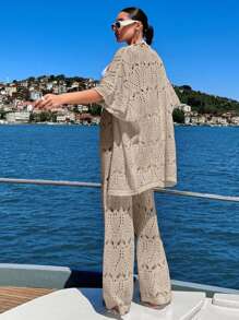 EURMUSE Women Vcay Crochet Knit Three-Quarter Sleeve Kimona And Pant Cover-Up Set