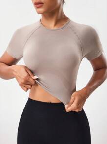 Easithlete Áo thun thể thao tay ngắn cổ tròn liền mạch màu trơn thời trang mùa hè - Màu Khaki - Xem 1