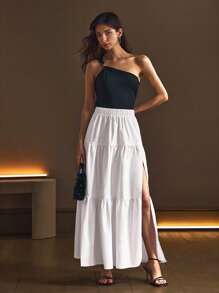 SHEIN Frenchy 女式新款优雅白色轻盈喇叭高腰开衩休闲牛仔长裙 - 白色 - 查看 6