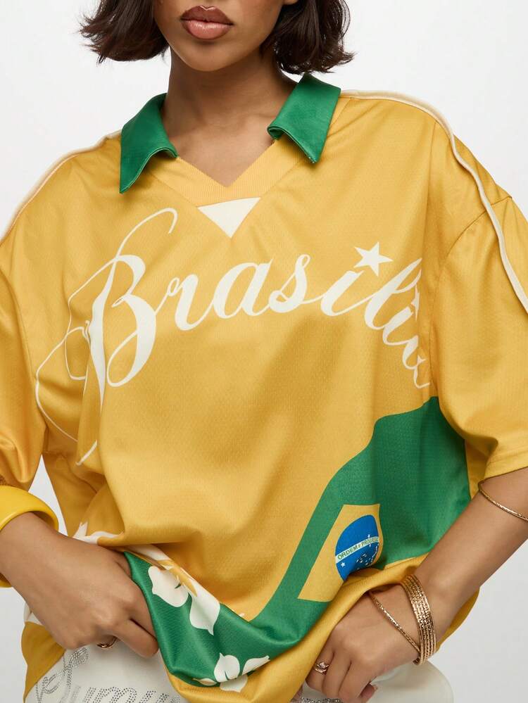 SUMWON WOMEN Camiseta de la selección nacional de Brasil, camiseta deportiva de aficionado al fútbol, polo casual con cuello estampado de flores de hibisco para el campeonato mundial de Brasil