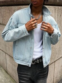 PAVTROS Manfinity Streetrush 男士条纹提花休闲宽松单排扣牛仔夹克浅蓝色条纹夹克，秋季 - 淺色水洗藍 - 查看 6