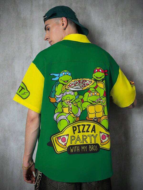 TEENAGE MUTANT NINJA TURTLES X SHEIN Camisa holgada de manga corta informal de verano con bloque de color, gráfico de pizza y letras en estilo de dibujos animados para hombres