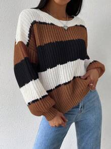 EMERY ROSE Women's Casual Everyday Contrast Color Round Neck Oversized Sweater Knit Pullover Fall Winter, Christmas - Multicolor - View 3