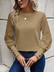 SHEIN PETITE CURVE Plus Size Casual Solid Color Jacquard Patchwork Long Sleeve Top, Autumn - Khaki - View 5