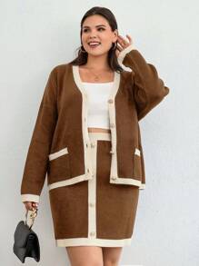 EURMUSE Contrast Trim Drop Shoulder Cardigan & Knit Skirt - Camel - View 1