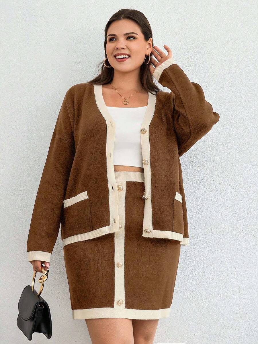 EURMUSE Contrast Trim Drop Shoulder Cardigan & Knit Skirt - Camel - View 1