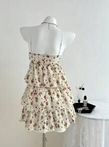 Elamini Women's Casual Vacation Dress, Drawstring Tie, Embroidered Fabric - Apricot - View 2