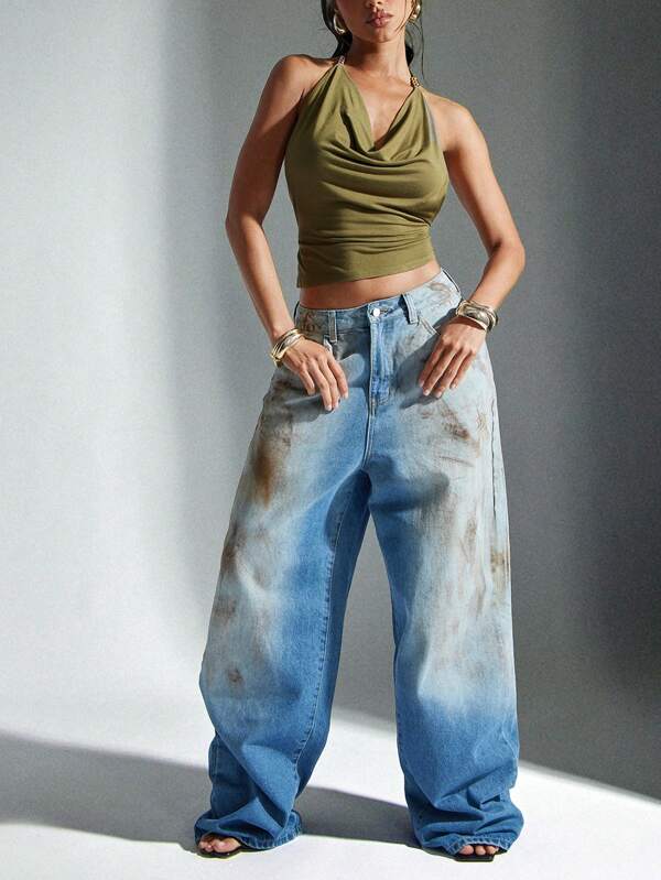 Denimoi Low Rise Baggy Fit Vintage Wash Denim Jeans