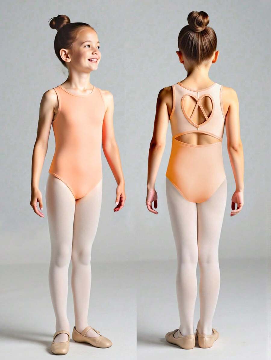 SHEIN 青少年女孩纯色连体衣，后背心形设计，适合上学、运动、舞蹈、体操穿着 - 橘色 - 查看 1