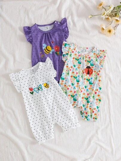 SHEIN Vintaside Kids Baby Girl 3 PiecesSummer Set: Playful Insect Printed Ruched Romper With Flutter Sleeves And Cuffs, Casual Everyday Outfit