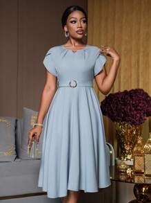 Lunelith SHEIN Lunessa Round Neck Pleated Petal Sleeve Belt Decor A-Line Commute Elegant Ladies Dress