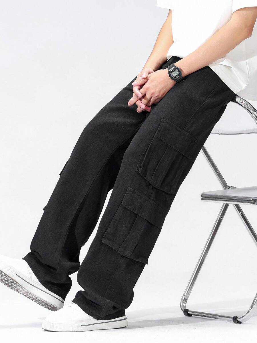 Teen Boy Casual Black Straight Leg Cargo Jeans Thanksgiving , School, Campus, College Chic For Autumn/Winter Fall - Black - View 1