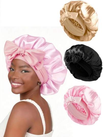 Luxury Satin Embroidered Bow Sleep Cap For Women - Adjustable Silk Nighttime Hair Accessory, Headband-Style Home Sleep Aid Hat Hair Bonnet