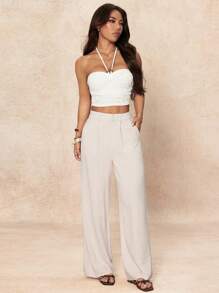 SHEIN PETITE Damen einfarbige plissierte weite Bein Lose Lässig Hose