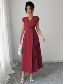 Elenzga Women's Elegant Simple Cross V-Neck Waist Pleated Hem Dress With Dropped Shoulder Sleeves, Suitable For Office, Casual, Vacation And Afternoon Tea, Spring & Summer - Burgundy - View 3