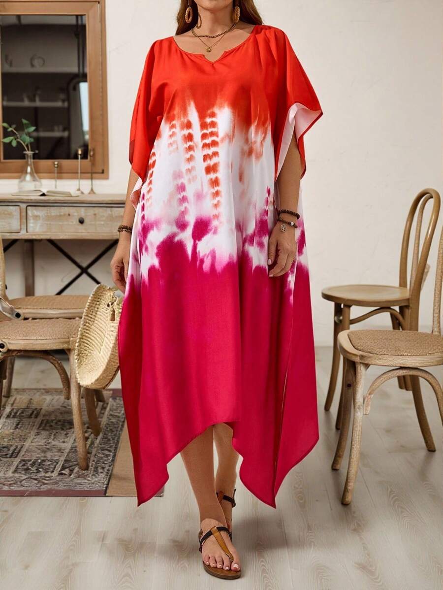 EMERY ROSE Freizeitkleid mit Batikmuster und asymmetrischem Saum in Übergröße, Lässige Urlaubsoutfits für Damen im Landhausstil, Einfach und modisch für den Alltag, Sommeroberteile für Damen, Sommeroutfits für Damen, Urlaubsoutfits für Damen