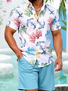 Manfinity RSRT 2 件男士 Anchor & Coral 休闲度假短袖衬衫和短裤套装