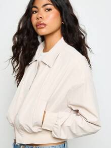 AiiRZ Lightweight Cropped Bomber Jacket Classic Zip Up Stand Collar All Season Modern Minimalist Style Long Sleeve Elastic Ribbed Hem Casual Contemporary Daily Wear Fashion Essential