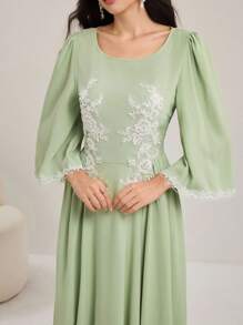 Modelyn Elegant Crew Neck Lace Applique Big Cuffs Asymmetrical Hem Waisted Women Dress, Spring/Summer - Green - View 7