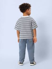 SUMWON 男童宽松牛仔裤，波浪纹拼接，松紧腰带抽绳设计，四季皆宜，日常穿着时尚百搭，适合秋冬季节度假穿着 - 藍色 - 查看 4