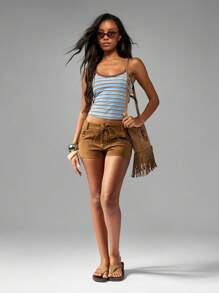 MISSGUIDED 绒面系带热裤高腰超迷你短裤西部波西米亚风节日海滩夏季度假旅行派对俱乐部穿着短裤 - 棕色 - 查看 3