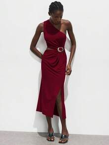 Maija 秋冬不对称领口金属扣装饰修身中长连衣裙，都市通勤商务休闲优雅连衣裙，适合圣诞节、万圣节、派对、婚礼宾客 - 酒紅色 - 查看 5