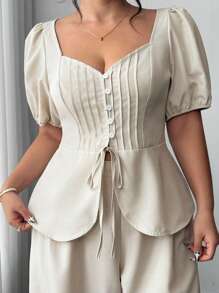 Elenzga Plus Size Fashionable Casual French Retro Elegant Commute Bowknot Puff Sleeve Blouse And Pants 2 Piece Set