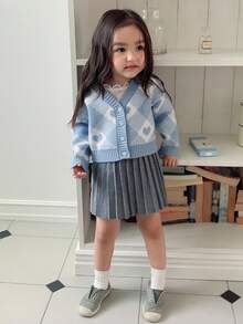 DAZY 女婴心形图案长袖单排扣休闲开衫 - 淺藍色 - 查看 3