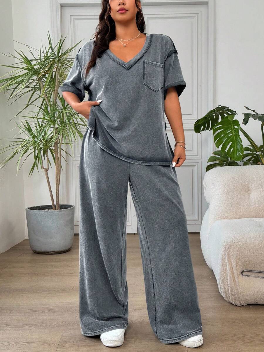 SHEIN EZwear 2件套浅灰色T恤和裤子休闲套装，适合大码女士 - 淺灰色 - 查看 1