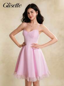 少女连衣裙，蝴蝶结装饰迷你吊带裙，腰部收褶方领，适合度假、户外、学校、春夏季 - 粉色 - 查看 6