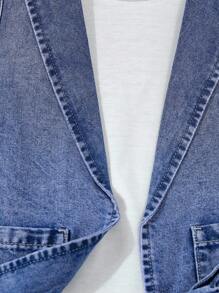 2pcs Set Young Girls Denim Jacket With Collar & Ruffle Waist Denim Shorts - Medium Wash - View 4