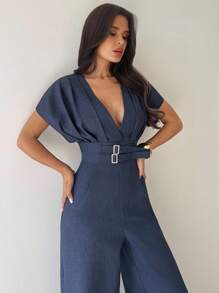 Firerie 新款优雅海军蓝V领双纽扣阔腿连体裤，别致通勤连体裤，时尚连体裤，春夏服装，通勤，优雅，性感，度假，波西米亚，工作服，教师节 - 藏蓝色 - 查看 5