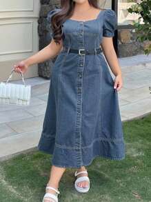 Dazy Plus Đầm maxi denim dáng ôm, cổ vuông, tay phồng, màu xanh đậm, cỡ lớn, thích hợp cho mùa xuân/hè. - Rửa nhẹ - Xem 1