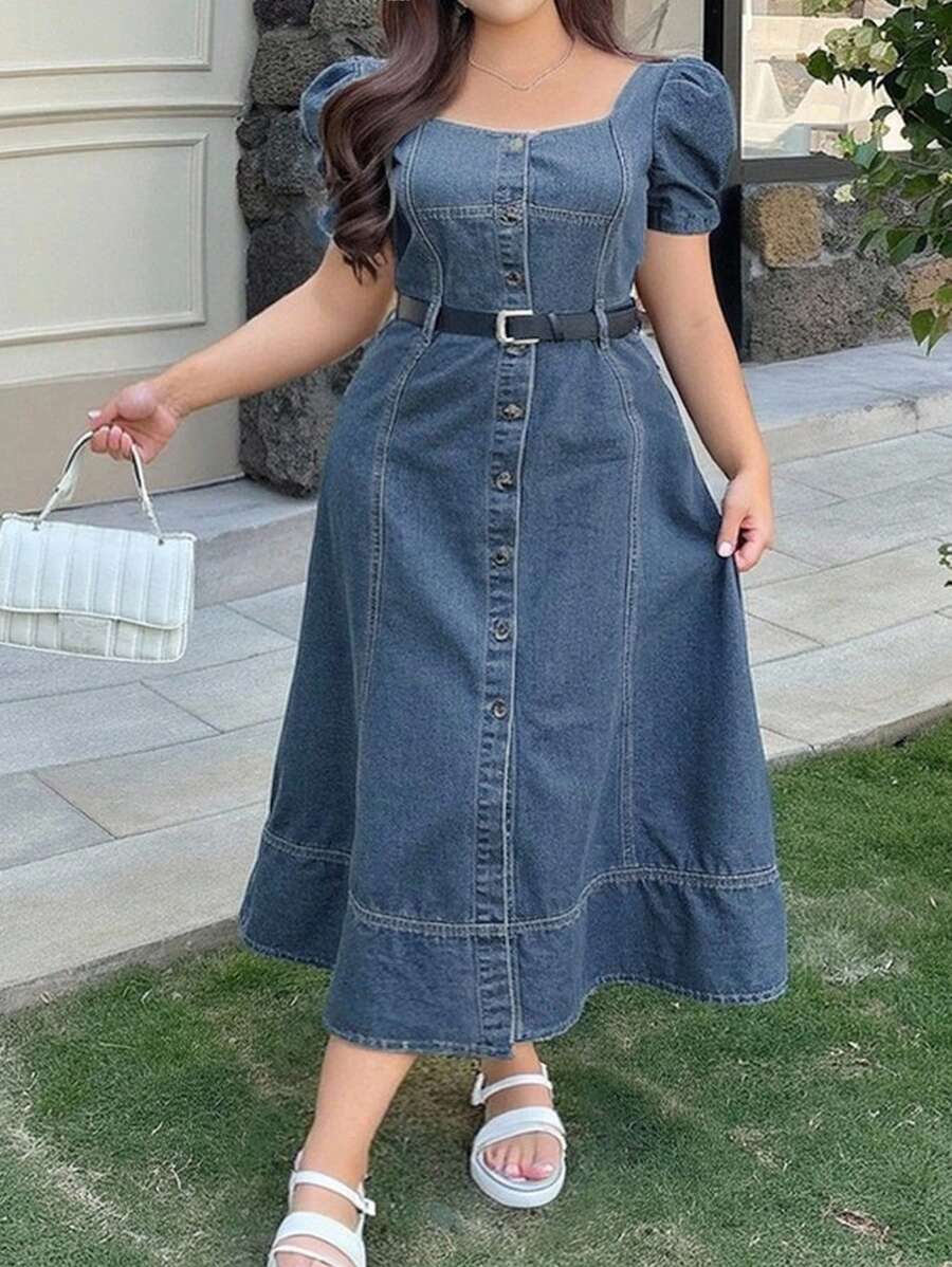 Dazy Plus Đầm maxi denim dáng ôm, cổ vuông, tay phồng, màu xanh đậm, cỡ lớn, thích hợp cho mùa xuân/hè. - Rửa nhẹ - Xem 1