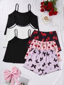 SHEIN 3件套加大码印花吊带背心和短裤睡衣套装 - 彩色 - 查看 2
