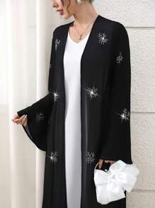 Veilorie 女士优雅水晶装饰喇叭袖阿拉伯长袍 - 黑色 - 查看 6