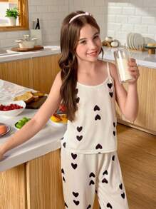 SHEIN طقم بيجامة مكون من كامسول محبوك بشكل قلب وبنطال للبنات