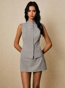 Poéselle 2 件女士夏季休闲通勤套装：纯色纽扣前背心和迷你裙 - 灰色 - 查看 6