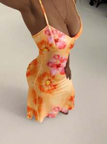 Aloruh 橙色热带花卉优雅迷人风格春夏假期细肩带紧身性感印花女式连衣裙，适合暑假、海滩、派对