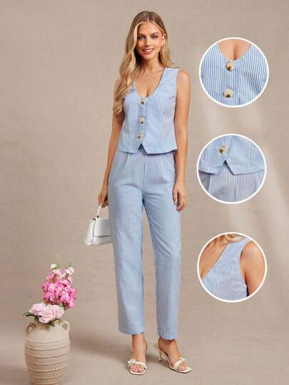 Amorya 女士条纹纽扣针织毛衣背心和裤子两件套商务办公套装