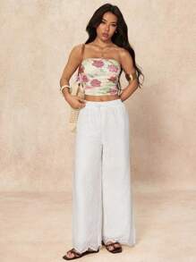 SHEIN PETITE Women Casual Eyelet Embroidery Cropped Pants, Suitable For Vacation And Outdoor, Spring/Summer Boho Chic Rave European Summer - White - View 7