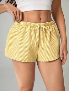 SHEIN Tall 2件組女款新款亞麻條紋短褲，適合高個女性 - 彩色 - 查看 3