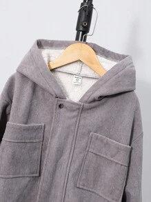 男童灰色连帽外套，保暖内衬，胸前口袋，弹性袖口，秋冬季休闲时尚单品 - 灰色 - 查看 4