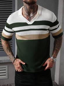 Manfinity Homme 男式撞色条纹短袖针织上衣 - 彩色 - 查看 1