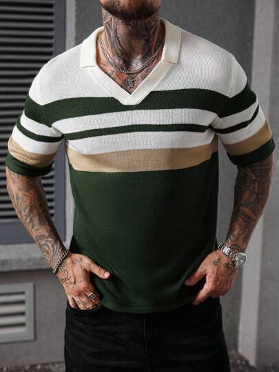 Manfinity Homme 男式撞色条纹短袖针织上衣