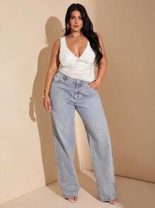 SHEIN BAE Blusa sin mangas con escote en V y ribete de encaje, elegante y sexy, para mujer de talla grande. Adecuada para vacaciones, citas diarias, salidas nocturnas, discotecas, fiestas, fiestas en la piscina, vacaciones casuales, y uso en la playa.